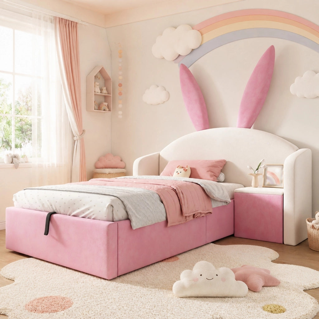 Letto per bambini 90x190 cm in velluto con comodino, beige e rosa