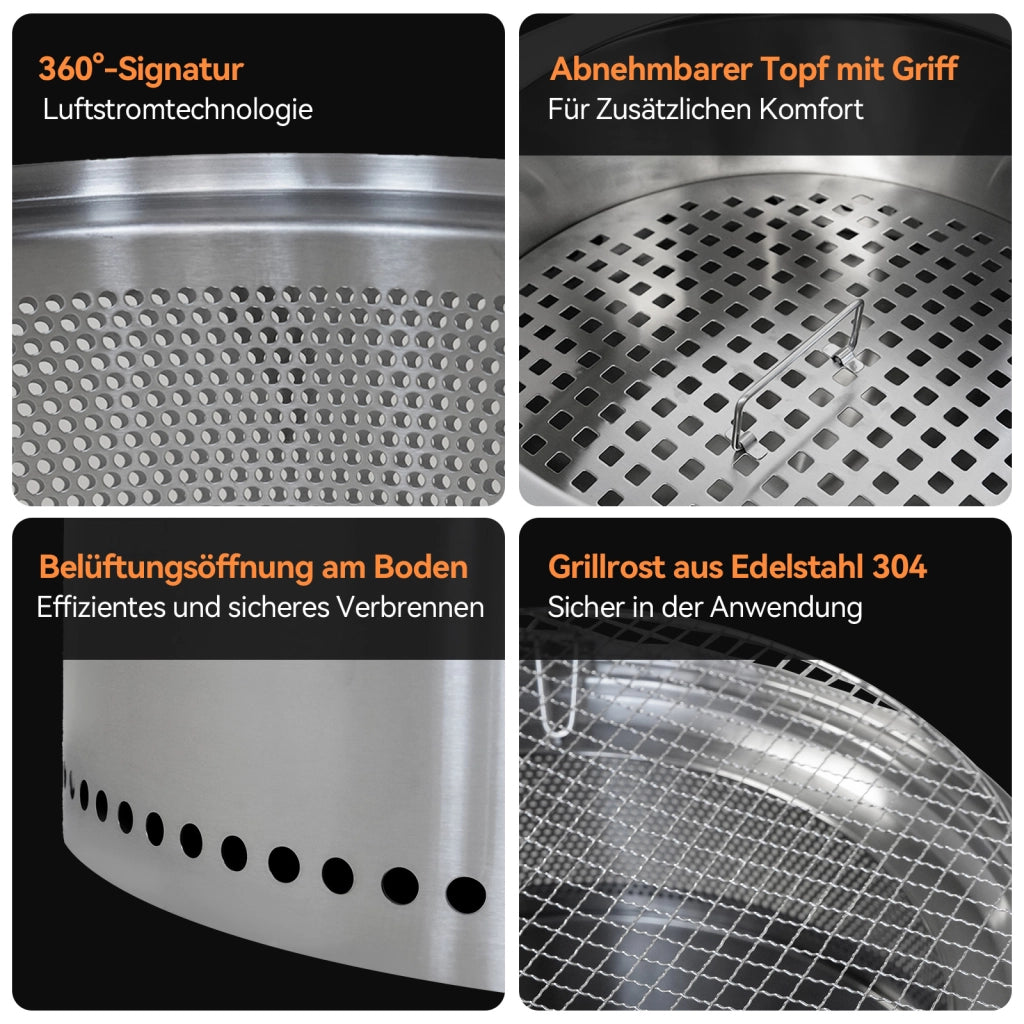 Braciere a basso fumo portatile in acciaio inox argento con diffusione del calore a 360° per esterni