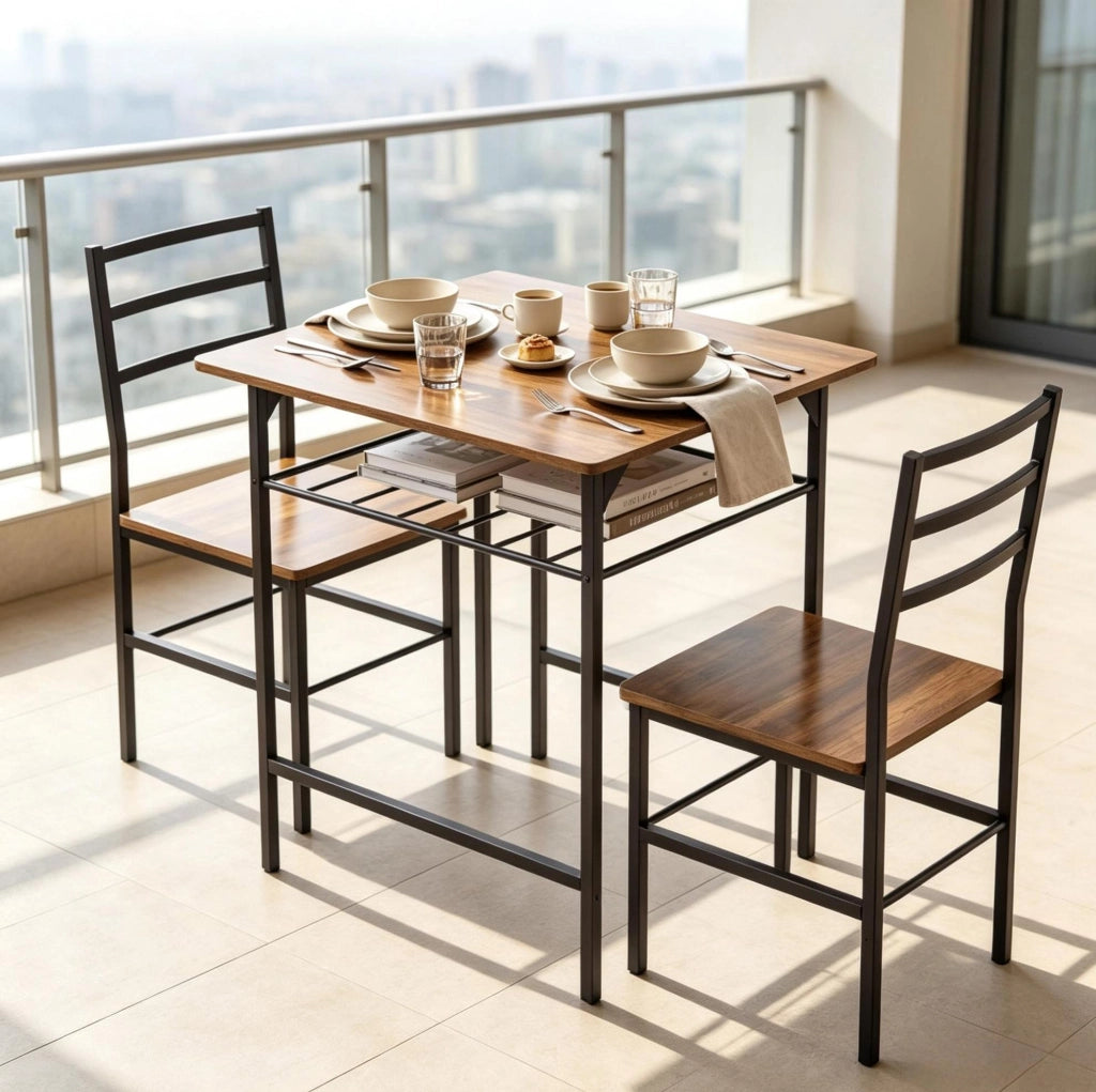Set da pranzo compatto con tavolo 80x50 cm e 2 sedie in legno rustico e metallo nero