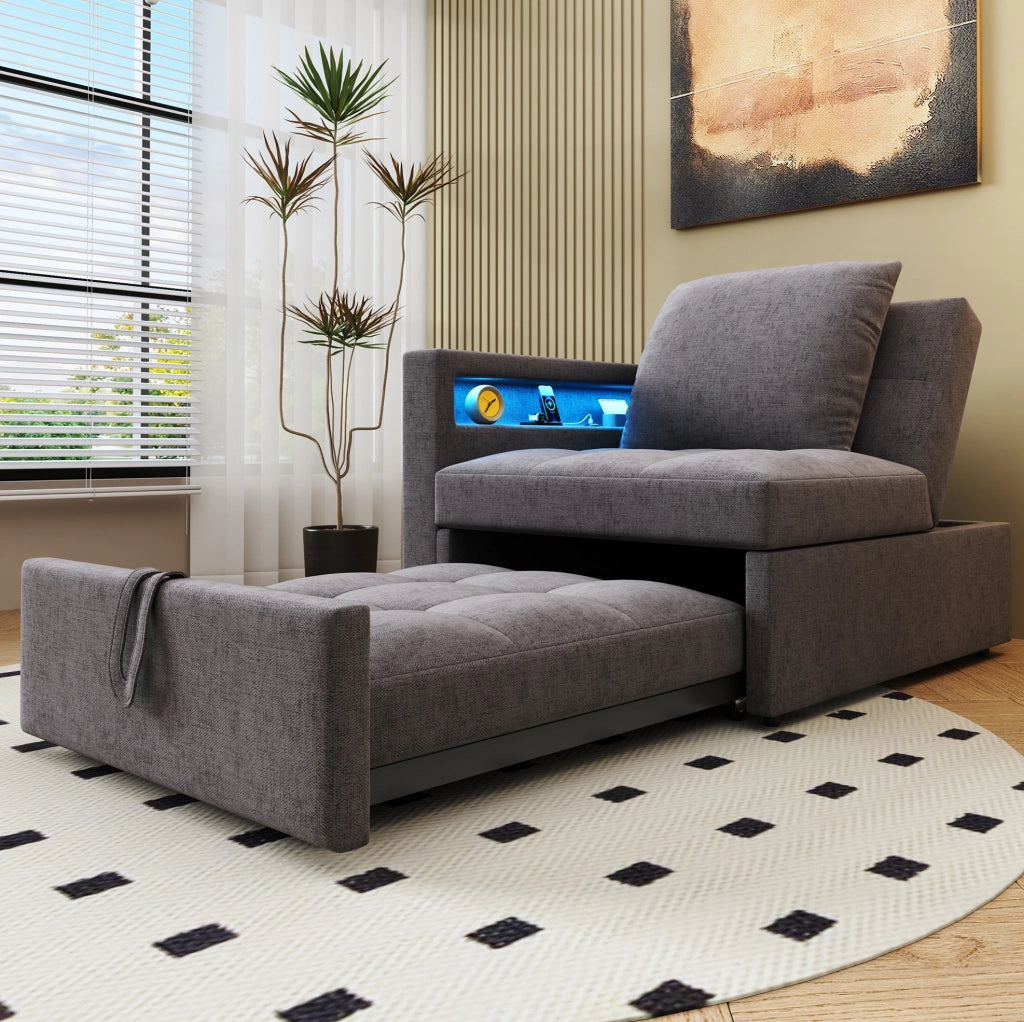 Divano letto 3 in 1 177x68x65 cm in lino grigio scuro con LED, USB e USB-C