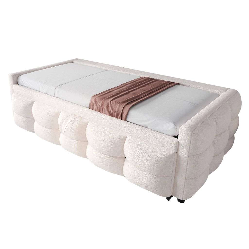 Letto imbottito estraibile 90/180 x 190 cm con rete a doghe; tessuto teddy beige; divano letto salvaspazio