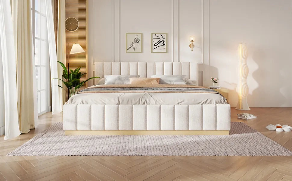 Letto matrimoniale imbottito 140x200 cm, beige chenille, testiera imbottita, rete a doghe, sollevamento idraulico, striscia LED. Senza materasso