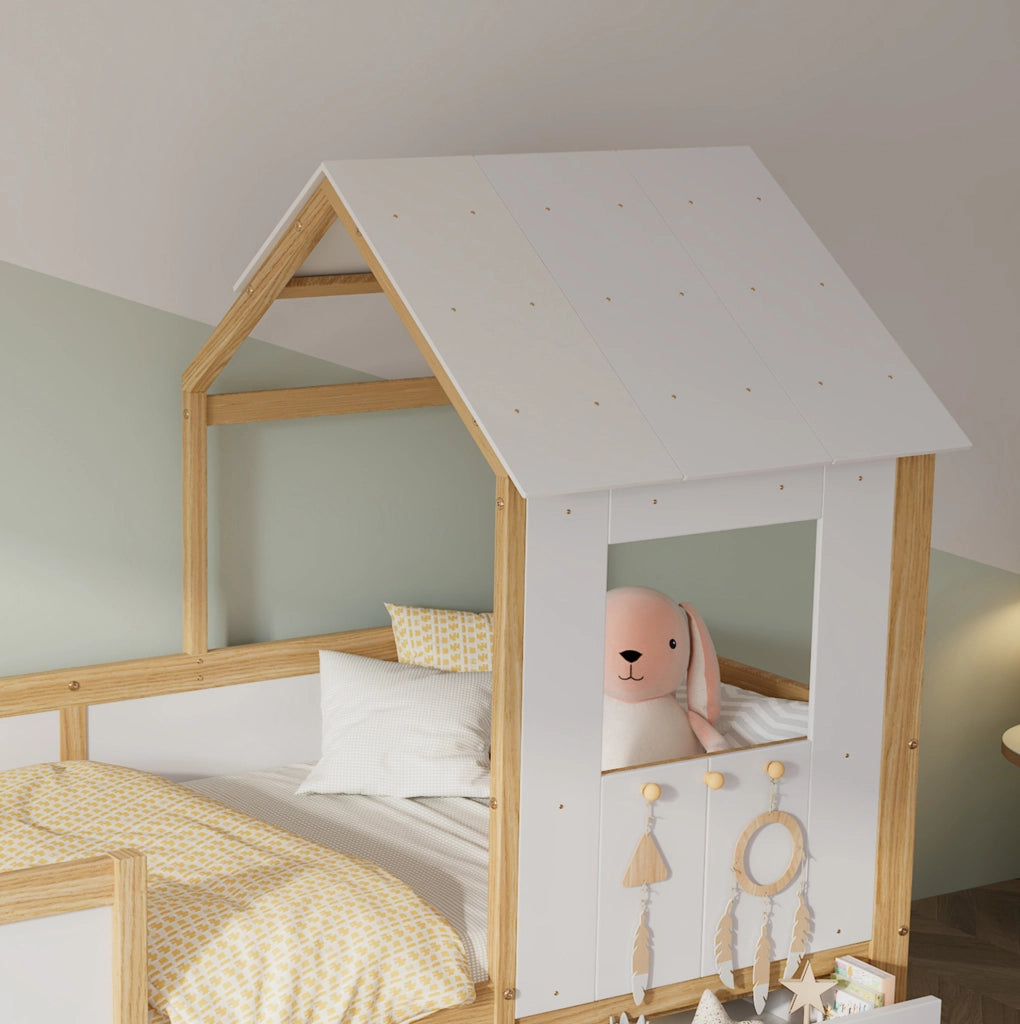 Letto a casetta semi-alto con cassetti