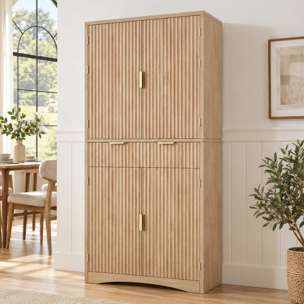 Armadio da cucina e dispensa con ante a griglia, cassetti e ante. Mobile contenitore in legno per cucina e soggiorno. Colore legno.