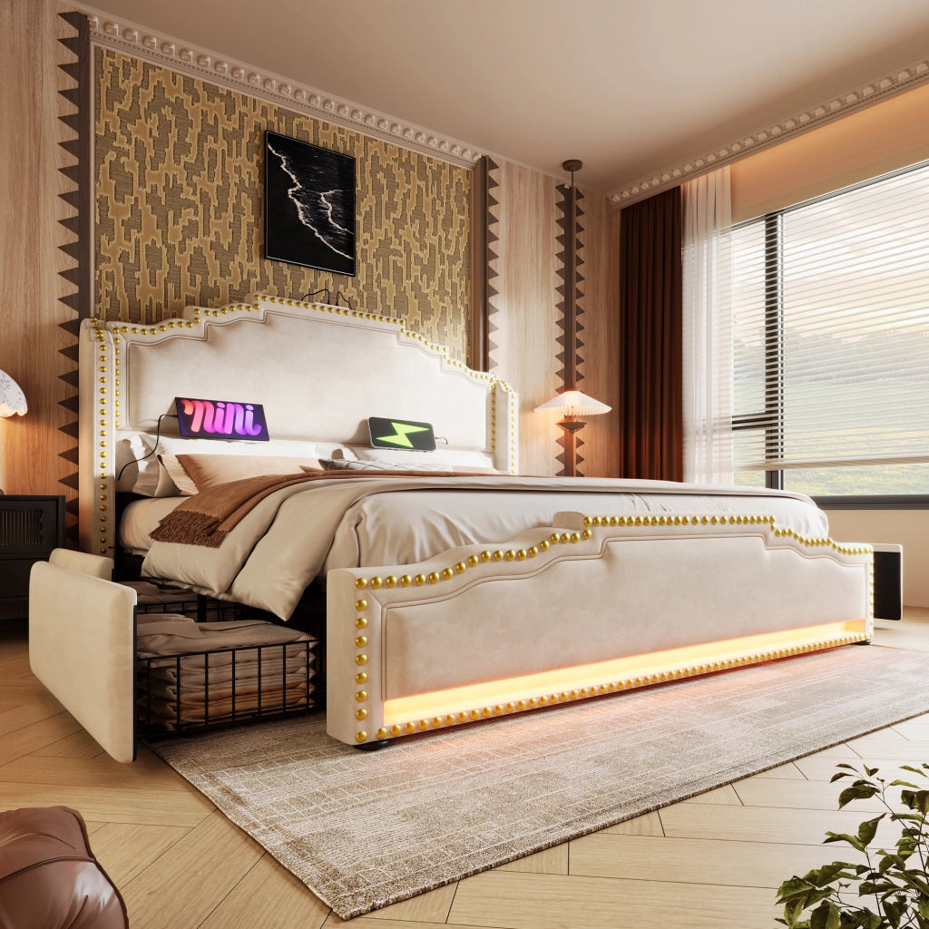 Letto con cassetti 160 × 200 cm con LED USB e Type-C rivestito in velluto beige