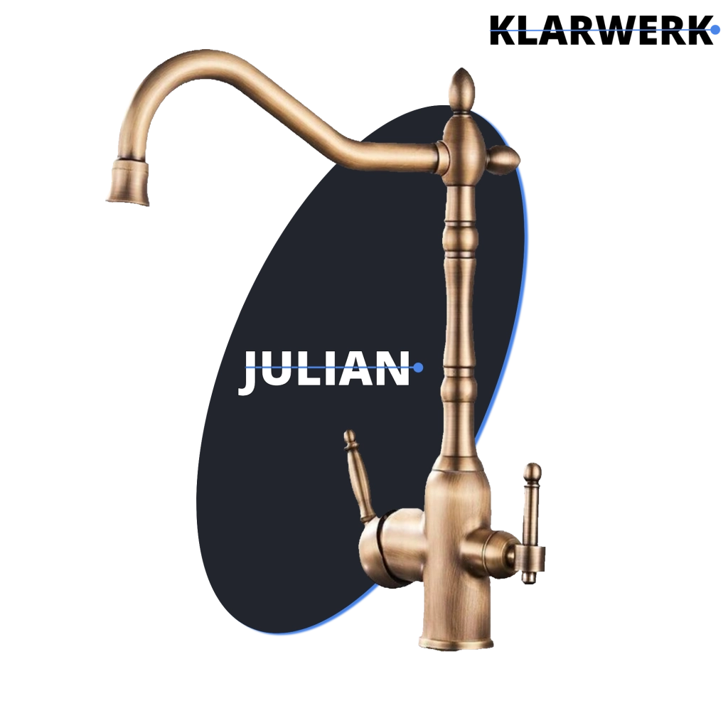 Julián | Estera filtro brillante dorado vintage de 3 vías | Grifo  Osmosis Acero Inoxidable Catering Cocina | monomando Retro filtro 360° 3 conexiones