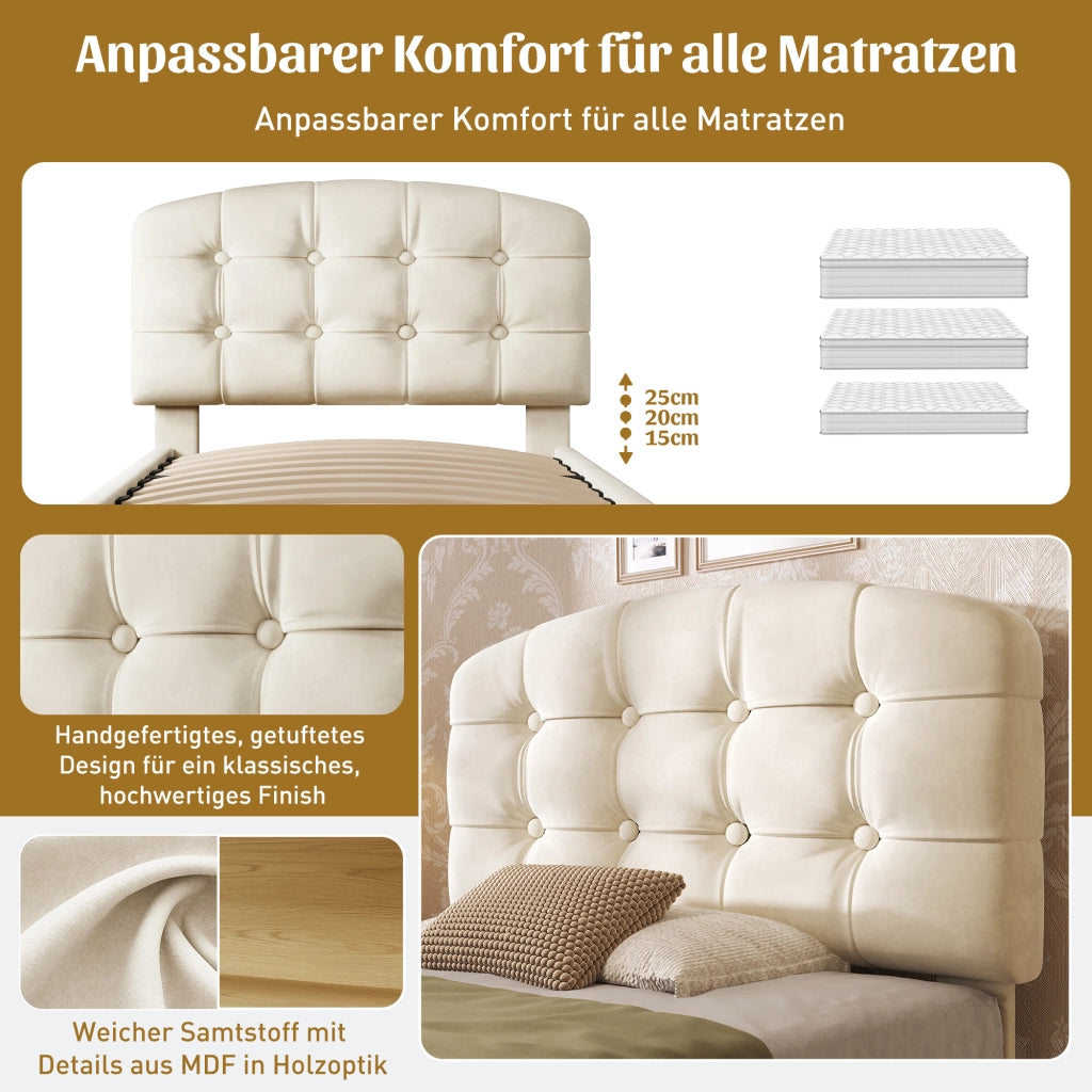 Letto singolo 90 × 200 cm con cassetti e vani portaoggetti; senza materasso; in velluto beige