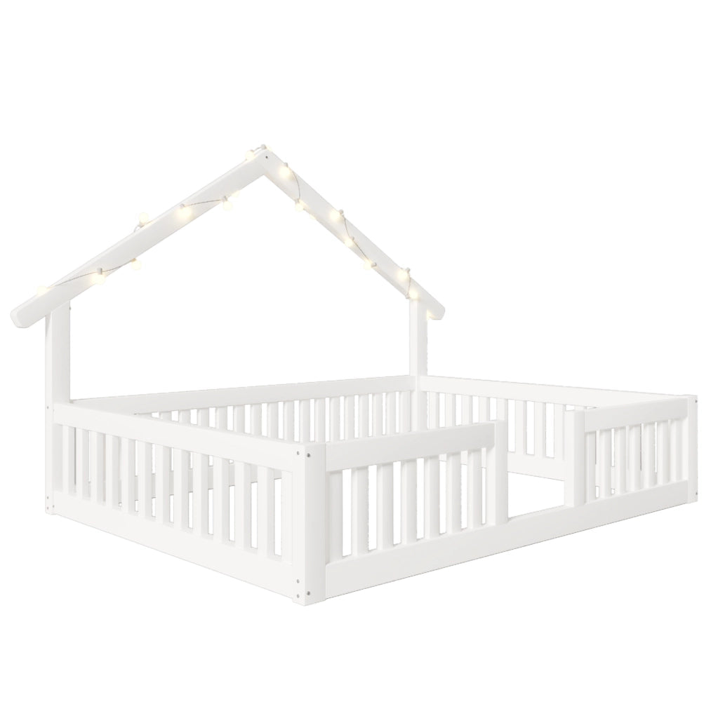 Letto casa in legno bianco 140x200 cm con protezione anticaduta e luci LED
