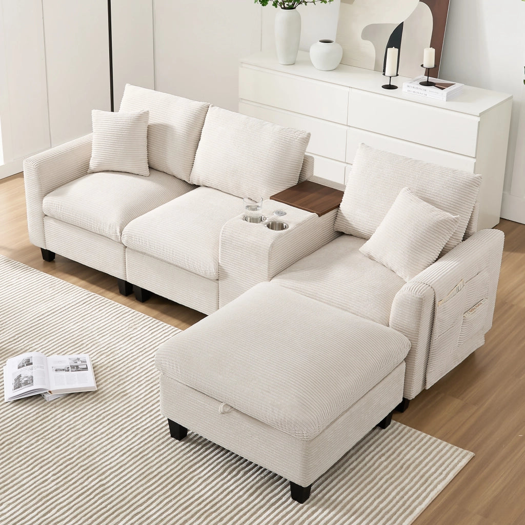 Divano angolare a L 4 posti 229 cm con pouf contenitore; console USB e portabicchieri; velluto a coste beige