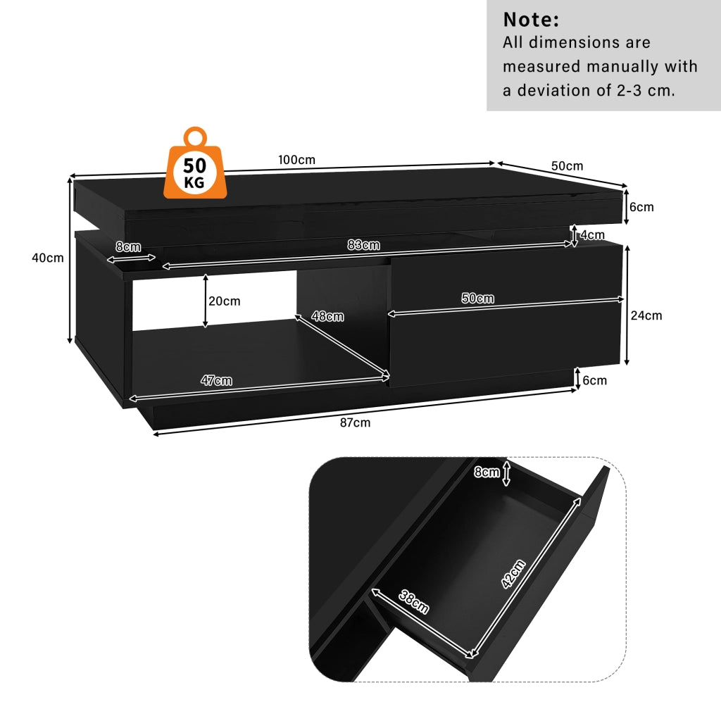 Tavolino da salotto con LED e cassetto in pannello di particelle nero lucido portata 50 kg 100 × 50 × 40.3 cm
