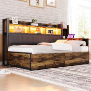 OKWISH Letto a Divano 90×200 cm, Letto Singolo con 2 Cassetti, Prese e LED, Scrivania Estraibile, senza Materasso, Legno Naturale