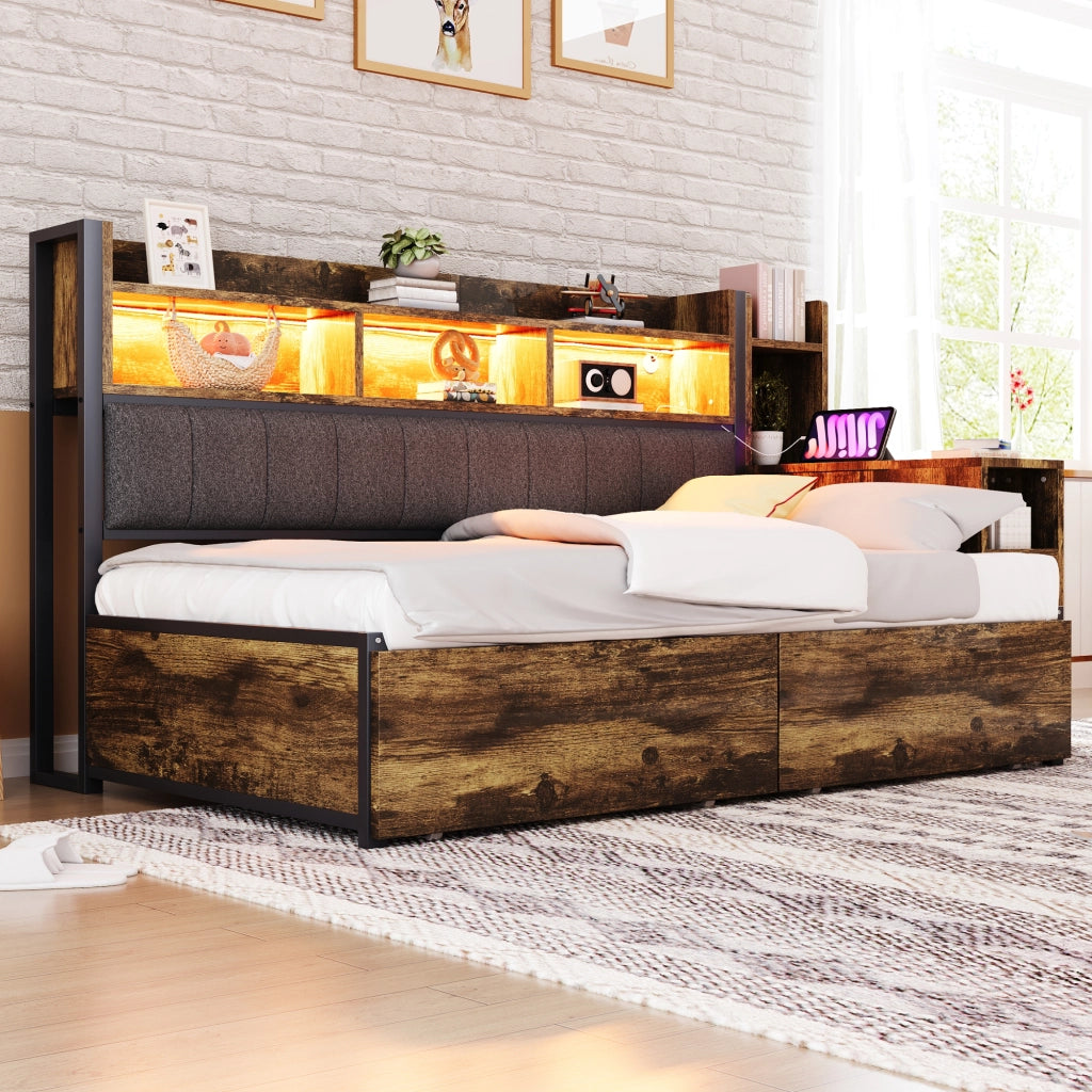OKWISH Letto a Divano 90×200 cm, Letto Singolo con 2 Cassetti, Prese e LED, Scrivania Estraibile, senza Materasso, Legno Naturale