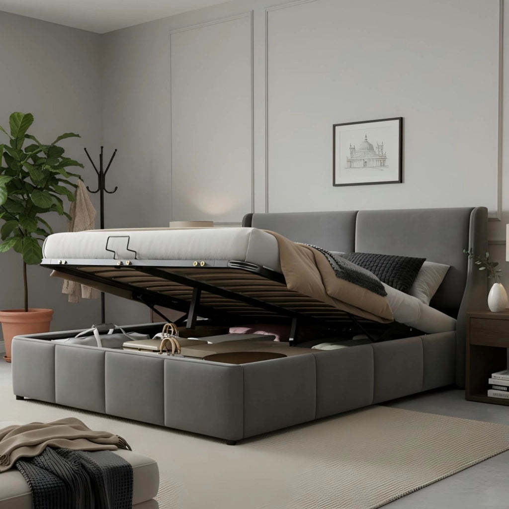 Letto contenitore matrimoniale 160x200 in velluto grigio con testiera imbottita