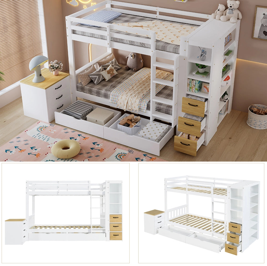 Letto a castello 90x200 cm in legno massello e MDF con cassetti e scaffale laterale; bianco e naturale