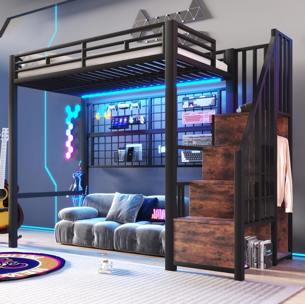 Letto a soppalco 90x200 cm in metallo con scala-armadio, griglia e LED 7 colori