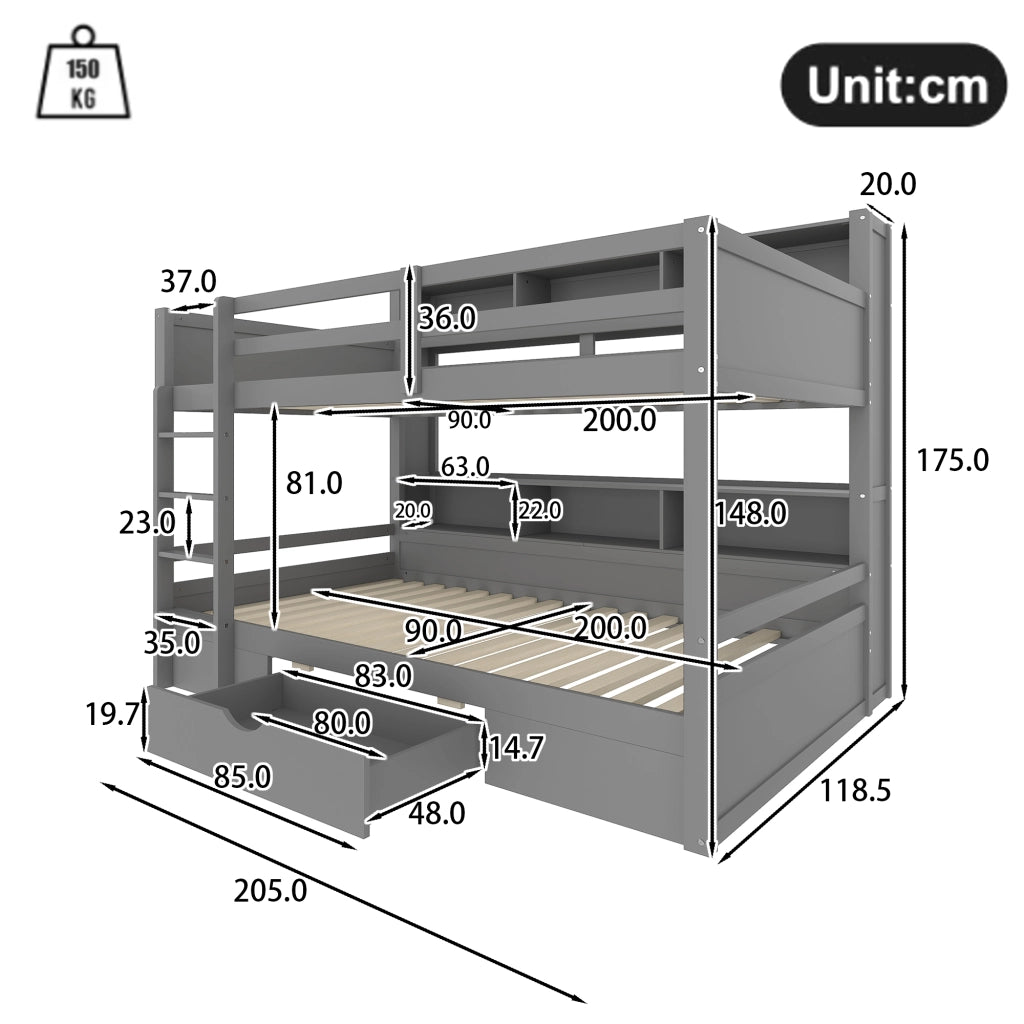 Letto a castello 90 × 200 cm 2 posti con cassetto e vani portaoggetti; senza materasso; pino e MDF grigio