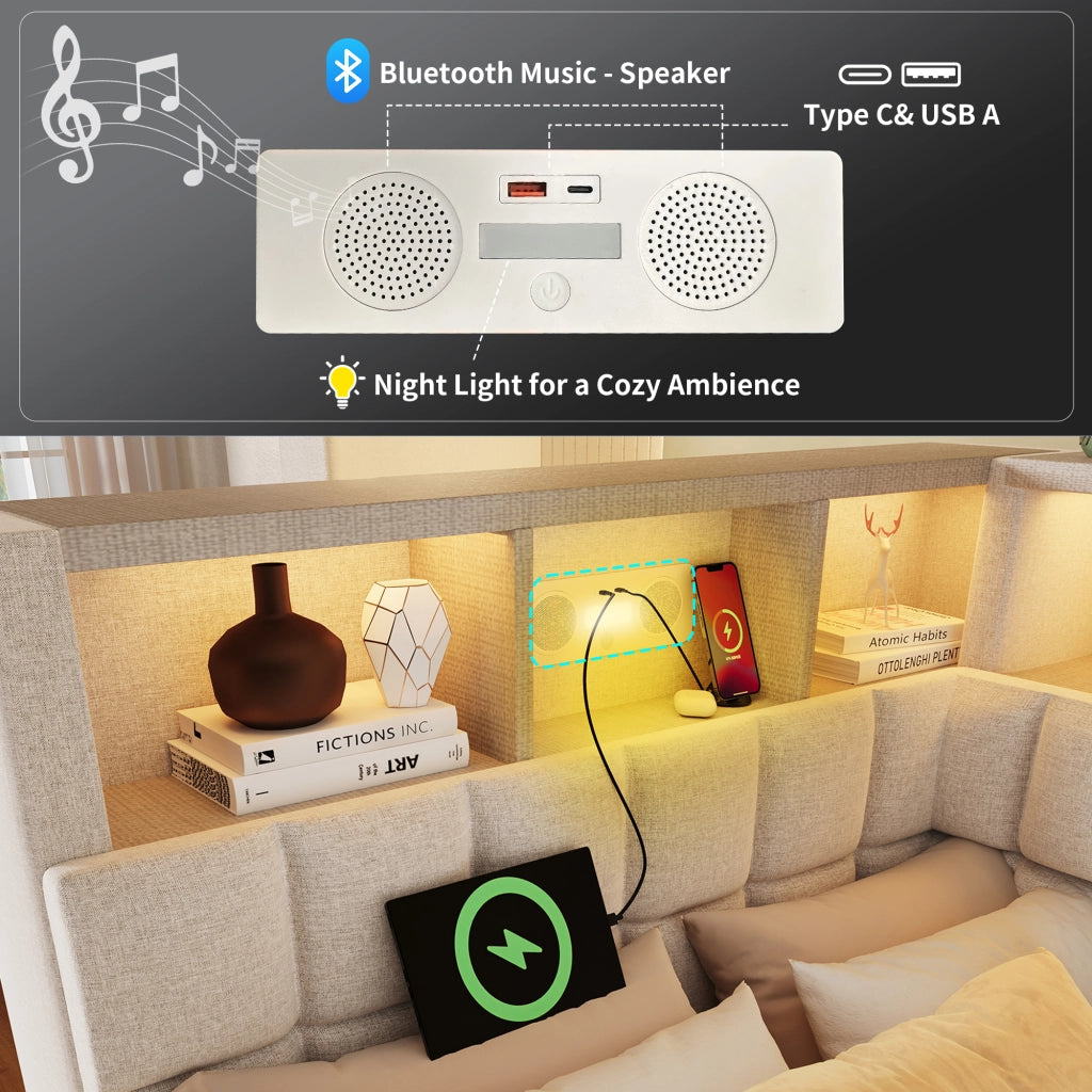 Letto Estraibile 90x200 cm; USB; Type-C; Bluetooth e LED Regolabile - Beige