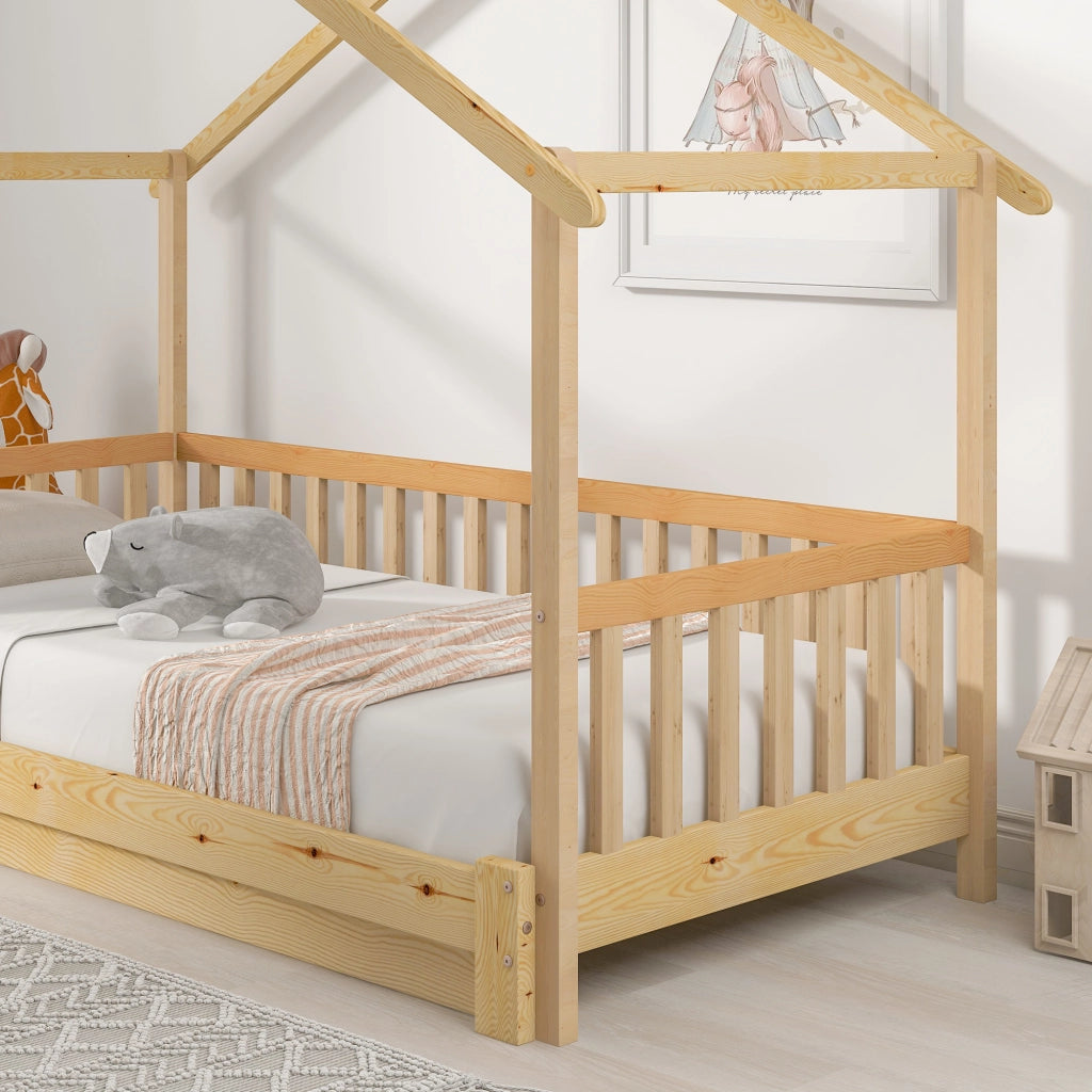 Letto a casetta 90 × 200 cm estensibile fino a 180 × 200 cm con sponde su tre lati in legno di pino naturale