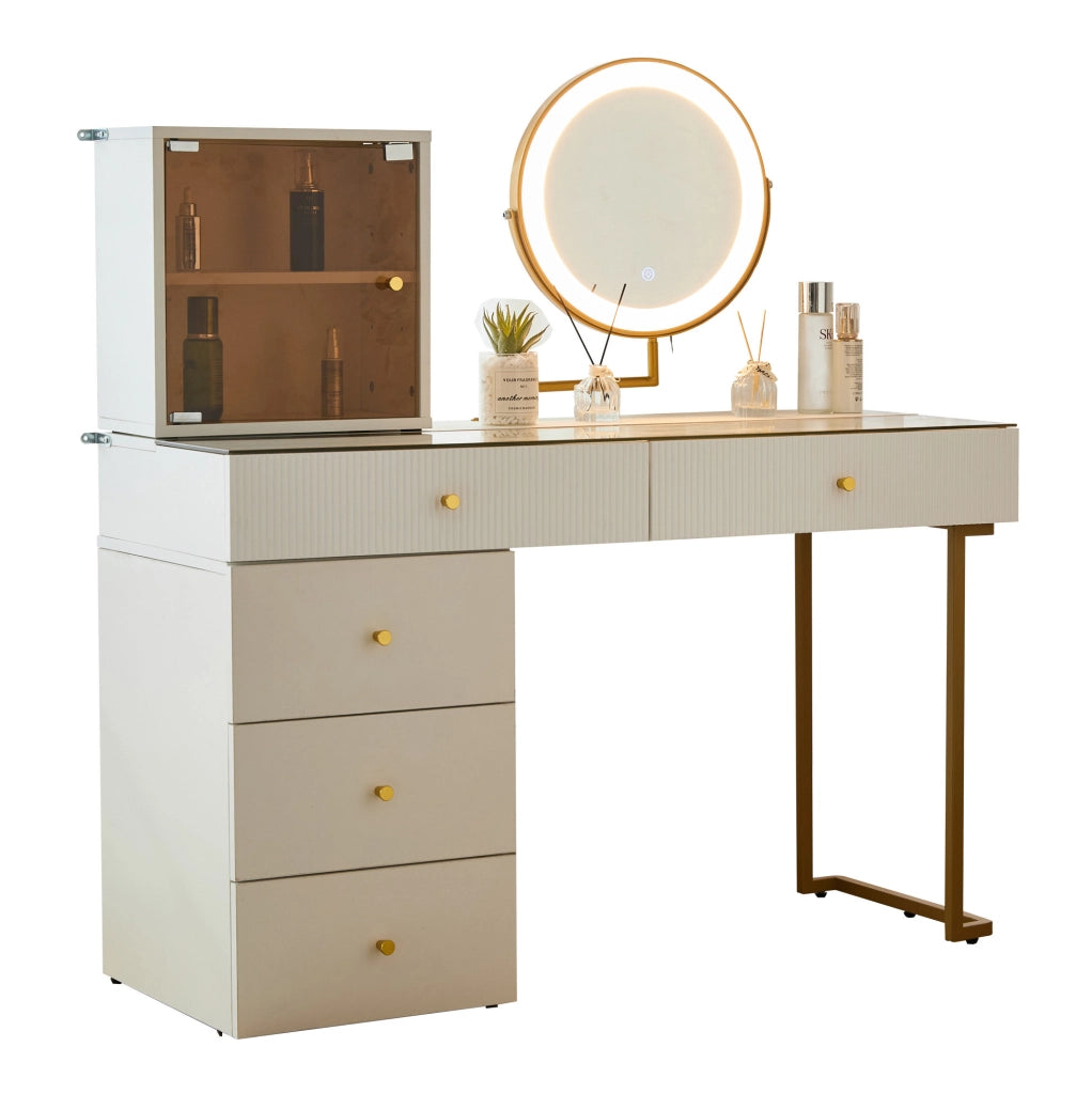 Toeletta con specchio LED bianca e oro 120x45x115 cm