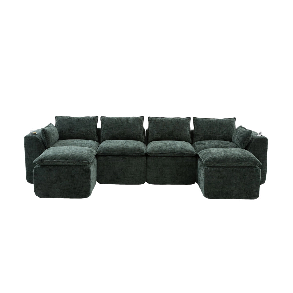 Divano modulare 322x161x75 cm combinabile con tasche laterali e cuscini in ciniglia verde