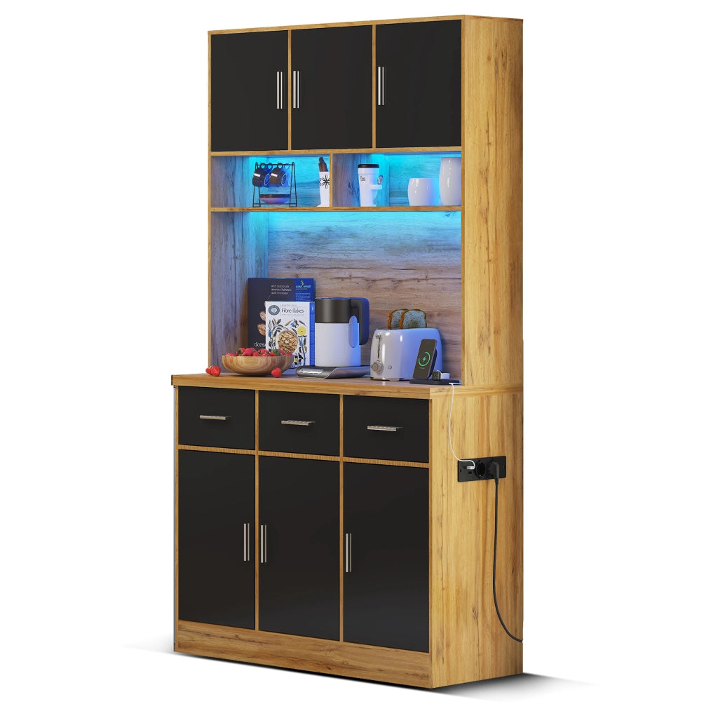 Credenza da cucina alta LED con 6 ante, 3 cassetti e prese USB, per cucina, MDF naturale e nero, 100 × 40 × 180 cm