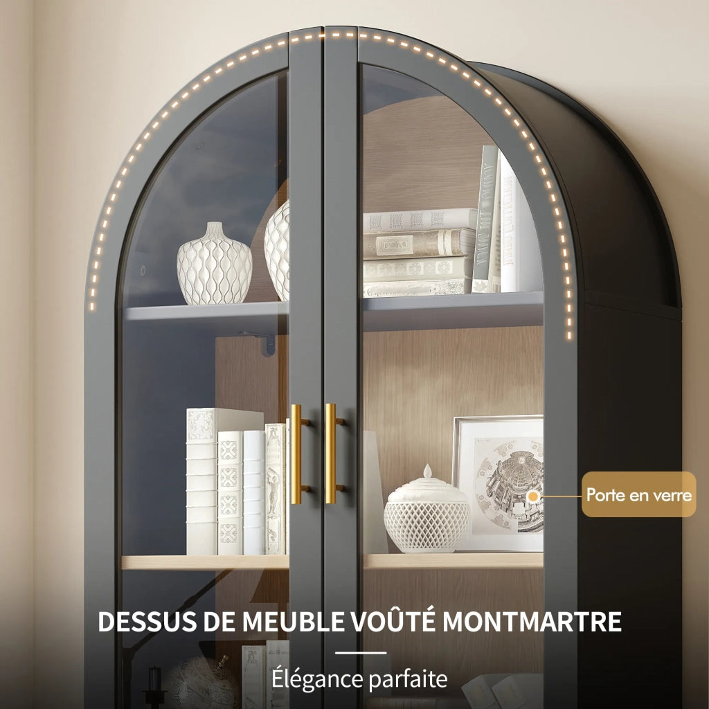 Vetrina Retro Nera 175x80x40 cm con 2 Ante Arco Montmartre, Libreria con 2 Cassetti e Ripiani Regolabili