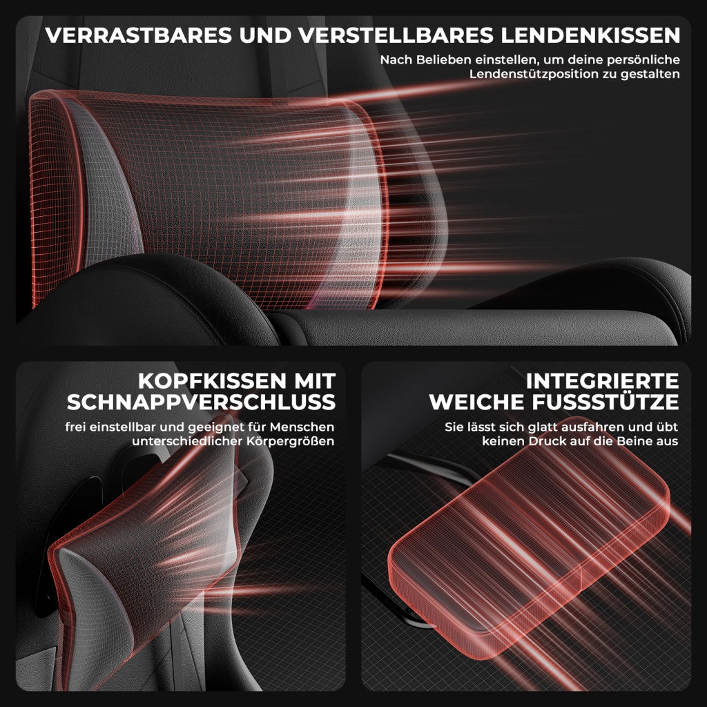Sedia da ufficio ergonomica con poggiatesta, supporto lombare, schienale reclinabile e poggiapiedi in PVC nero grigio