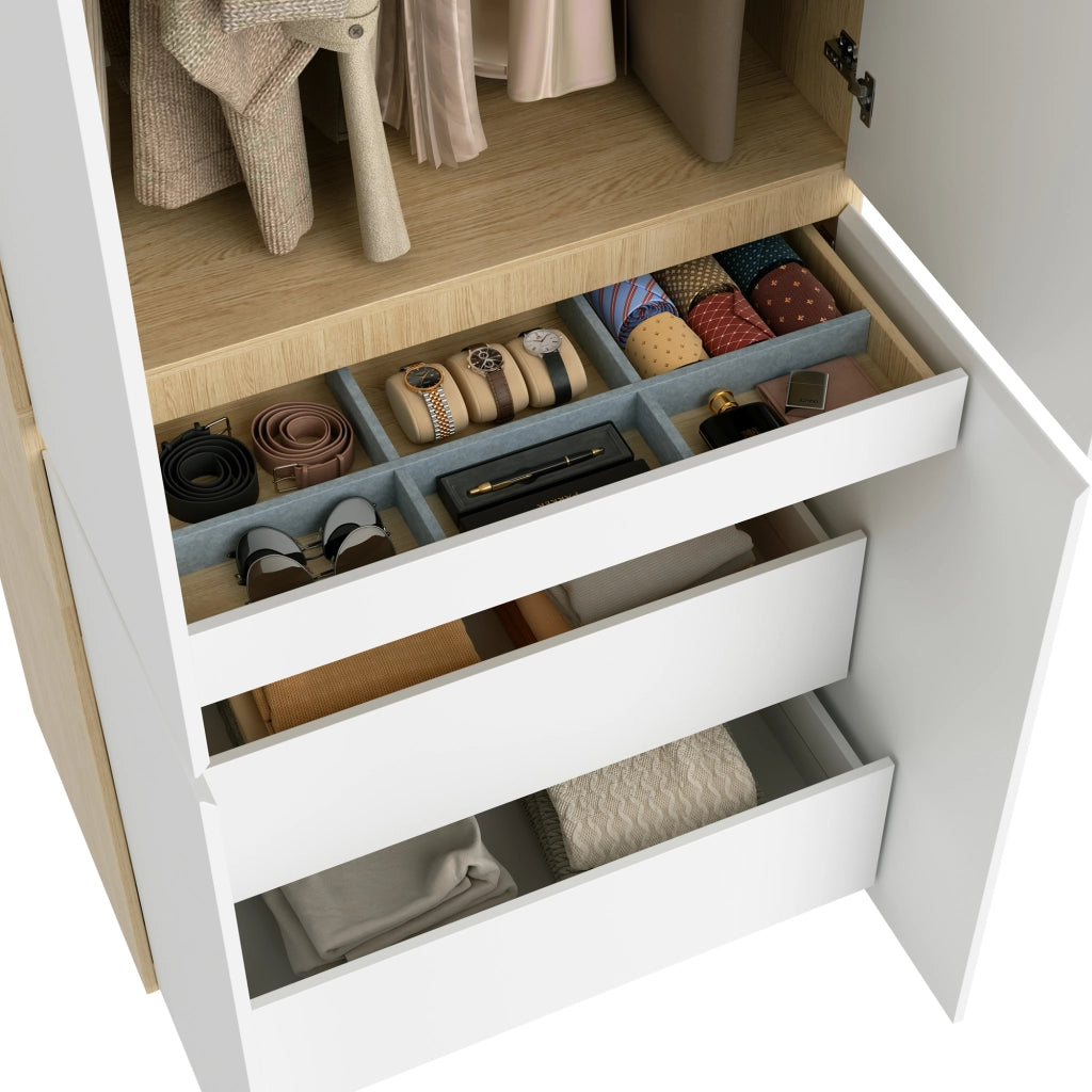 Armadio guardaroba con 3 cassetti portagioie e asta appendiabiti per camera da letto in MDF e pannello truciolare bianco