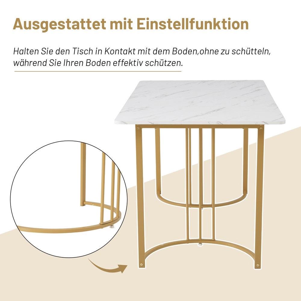 Set Tavolo da Pranzo con 4 Sedie ¨C Xylo ¨C Piano MDF Bianco, Gambe Dorate, Tessuto Grigio, 140x80 cm