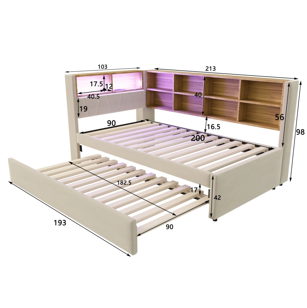 Letto estraibile multifunzionale 90 x 200 cm beige con LED