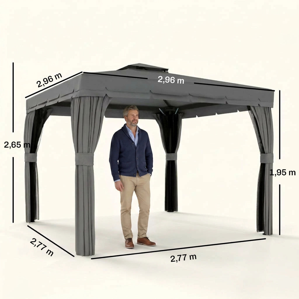 Gazebo da giardino 3 x 3 m con telaio in alluminio, doppio tetto ventilato, tende e zanzariere, grigio scuro