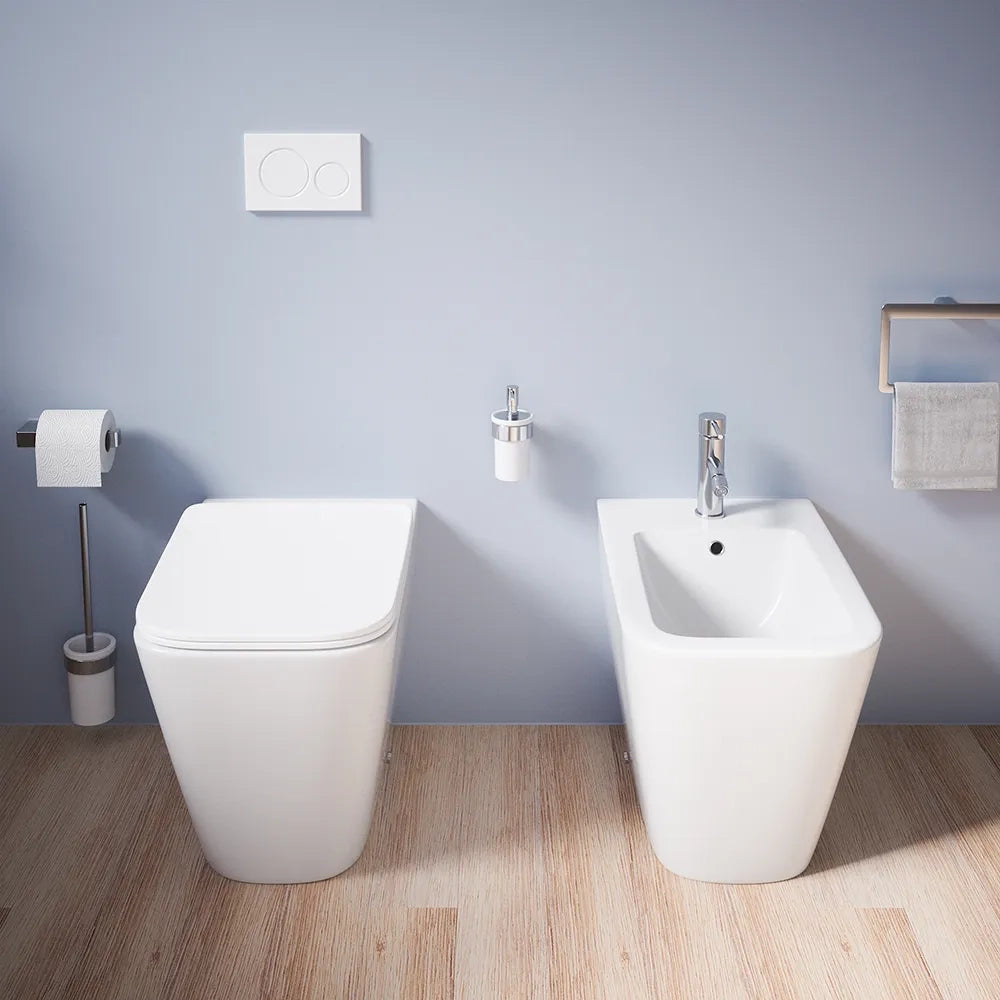 Sanitari filomuro in ceramica bianco lucido vaso rimless sedile soft-close e bidet | Kyoto