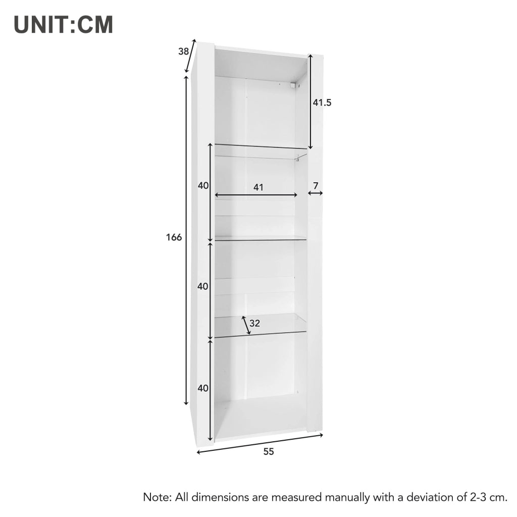 Vetrina da terra con 3 ripiani in vetro e LED tramite app pannello truciolare bianco 55 × 38 × 166 cm