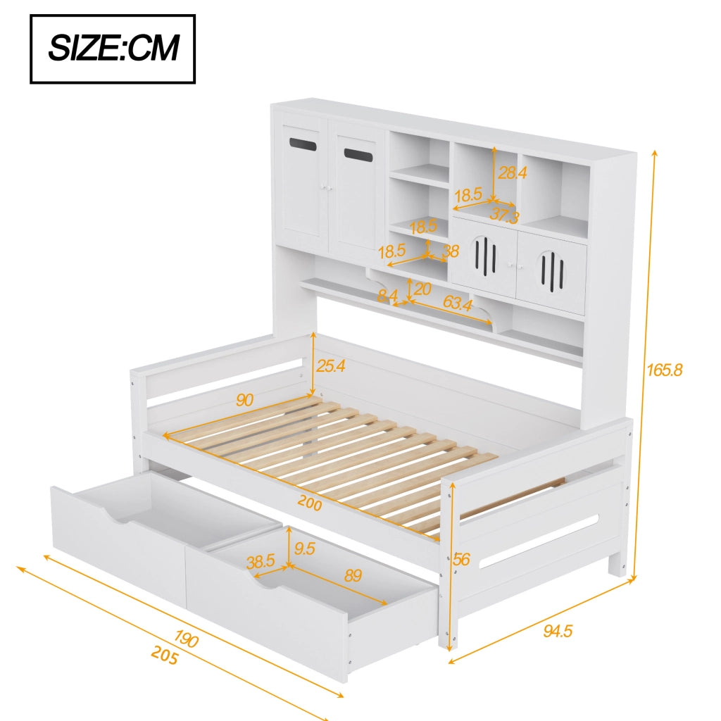 Letto multifunzione con contenitore e cassetti, 90x200 cm