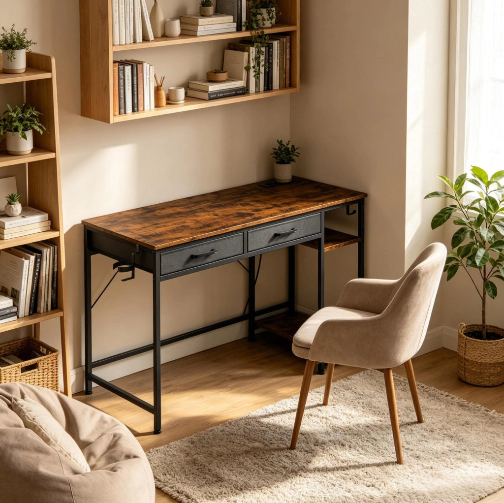Scrivania moderna DESMIU con 2 cassetti in tessuto e mensola laterale, 120x51x75 cm, colore Rustico Marrone
