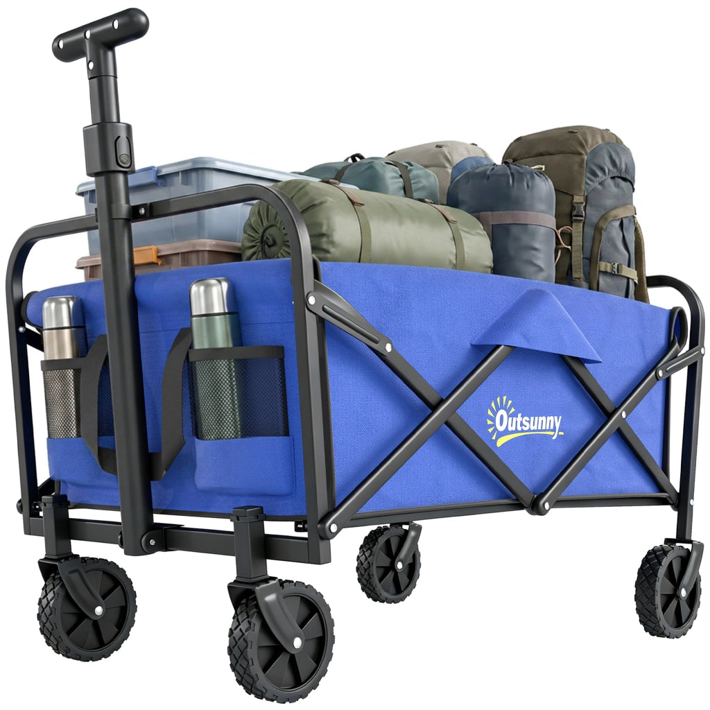 Carrello da Giardino 62L Pieghevole con Maniglia Regolabile, in Metallo e Tessuto Oxford, 76x48x86 cm, Blu
