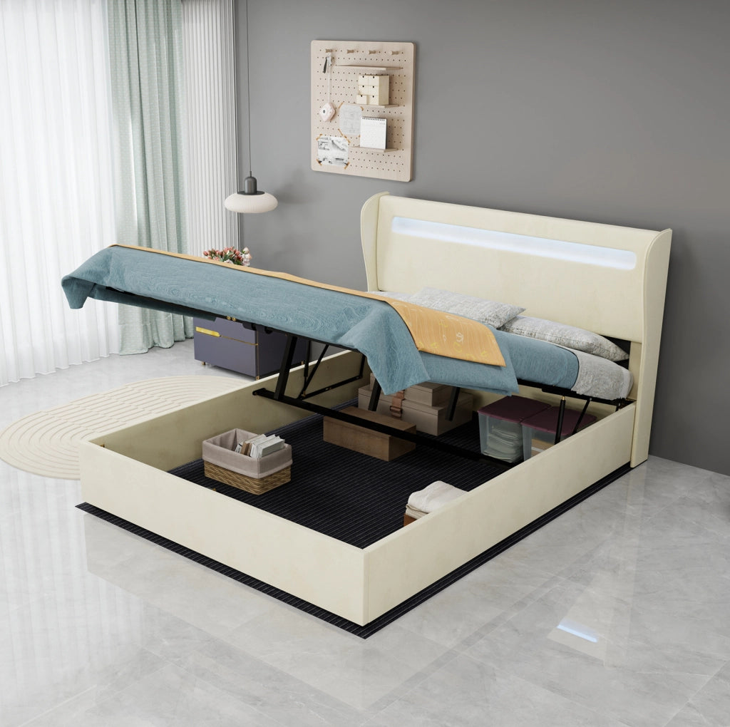 Letto 140x200 cm con testiera regolabile e LED multicolore in tessuto e metallo beige