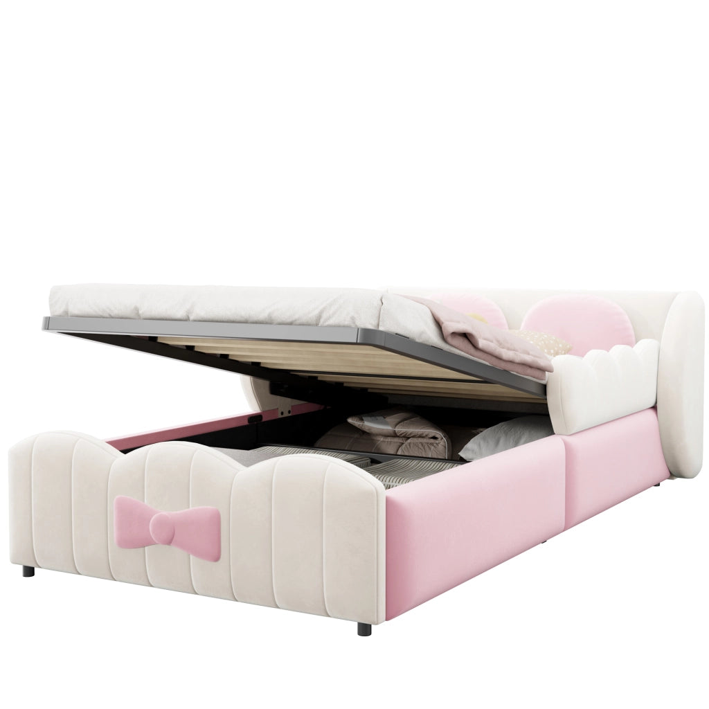 Letto per bambini 90 x 200 cm in velluto con contenitore idraulico; design ad ali; beige e rosa