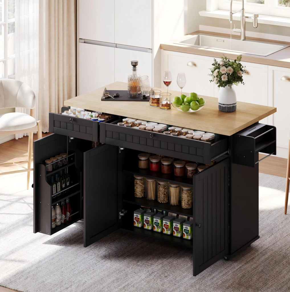Isola da Cucina con Piano di Lavoro Ribaltabile, Carrello Mobile con 6 Ruote Blocabili, 2 Cassetti Grandi, Scaffale Porta Stoviglie e Armadietto, Nero, 137 x 89,5 x 45 cm