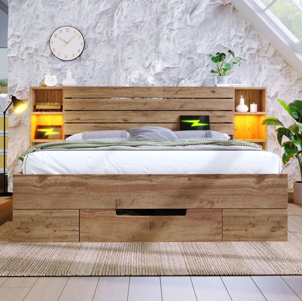 Letto matrimoniale 160x200 cm con LED; USB e Type-C; ripiani e 2 cassetti; rovere