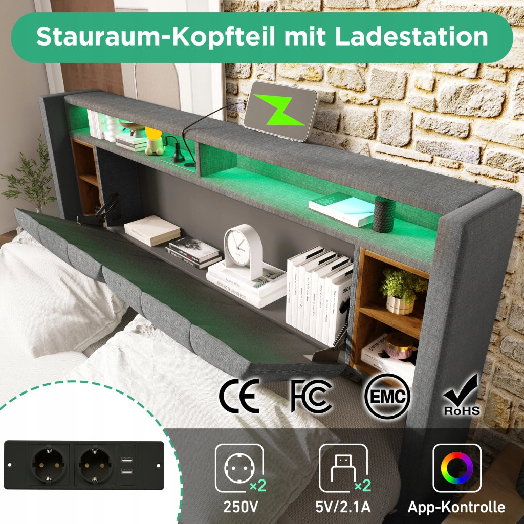 Letto imbottito 140x200 grigio - Xylo - con USB e LED