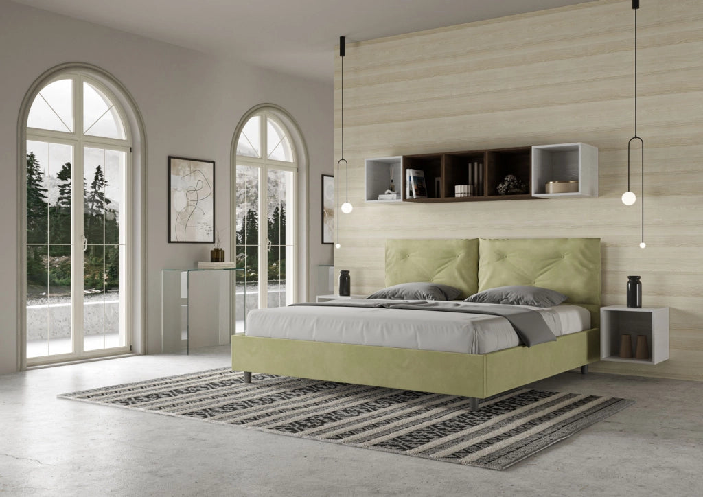 BS COM Letto matrimoniale king size senza rete imbottito 200x200 microfibra tè verde