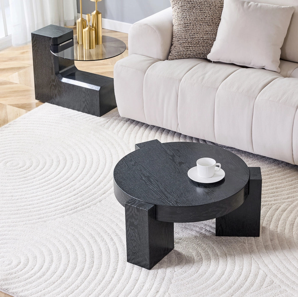 Set tavolini da salotto rotondi separabili in MDF e vetro grigio HOMVRA