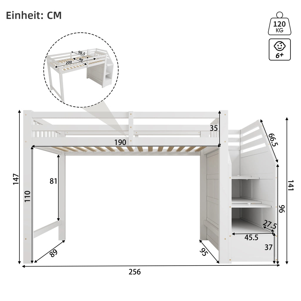 Letto a Soppalco 90x200 cm - Scala Contenitore; Parapetto - in MDF e Legno - Bianco