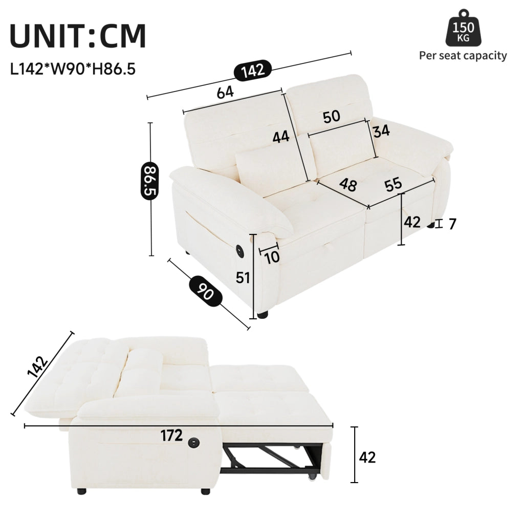 Divano letto 3-in-1 beige in tessuto chenille con schienale regolabile e porta USB, inclusi 2 cuscini, 2 posti