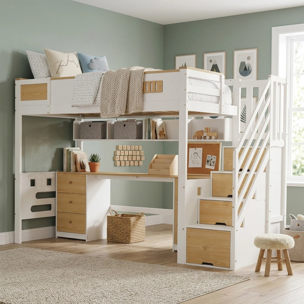 Letto a soppalco 90x200 cm bianco e legno naturale in legno massello e MDF con scrivania e scala contenitore