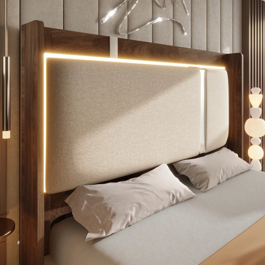 Letto matrimoniale imbottito 140x200 cm con rete a doghe, LED e contenitore, beige lino e noce, senza materasso