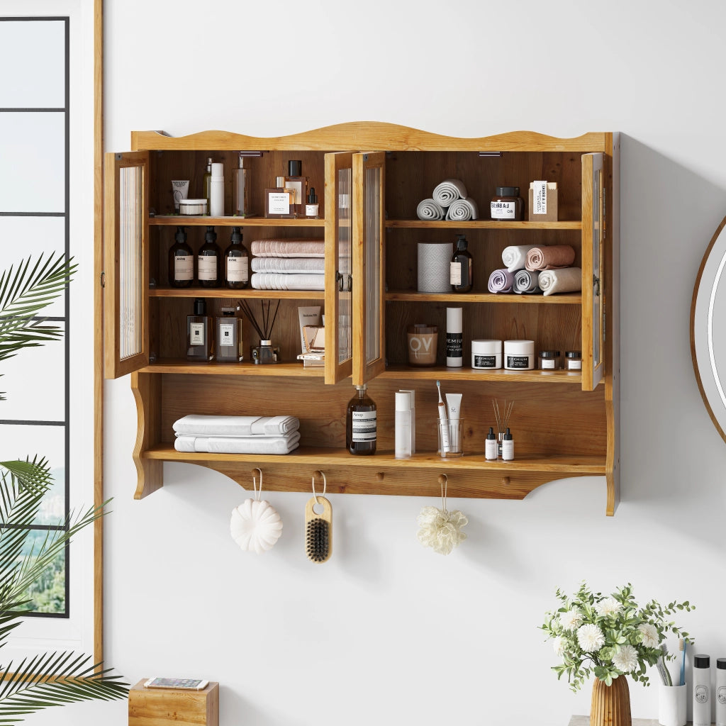 ARMADIO Pensile 100x20x80 cm 4 Ante Legno massello e Vetro Naturale
