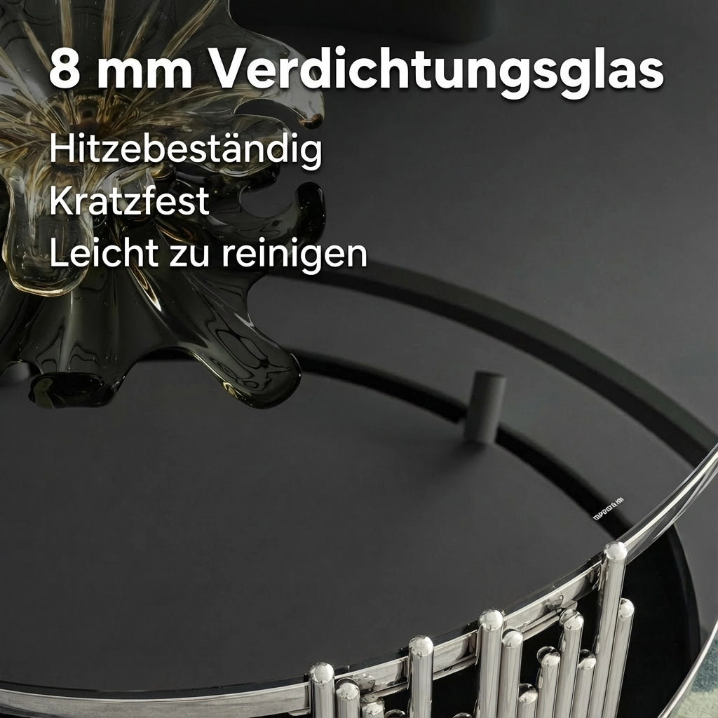 Tavolino da caff¨¨ rotondo 80x80x45 cm a 2 ripiani in vetro temperato nero e acciaio inox argento