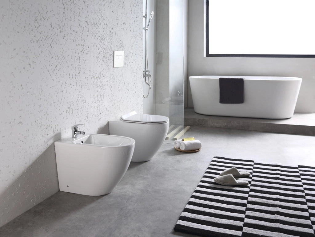 Sanitari a Terra Filo Muro Wc Bidet Copriwater Sof Close Bianco Bent Rimles